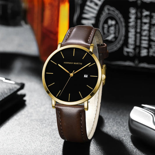 Watch For Men Business Style Genuine Leather Japanese Movement Gold Black Fashion Simplicity 3Bar Waterproof Quartz Men Watches