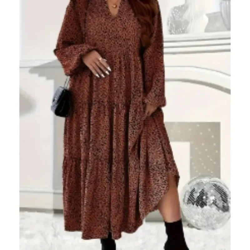 Women's Dress Long Casual Plus Size Leopard Fashion 1XL-5XL Print Tiered Long Dress Ladies Casual Notch Neck Long Sleeve Dress Women's Clothing