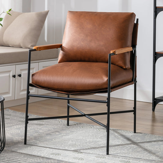 Metal Frame Faux Leather Accent Chair with Thick Padded Backrest and Seat Cushion for Living Room Bedroom Brown/Cream PU[US-W]