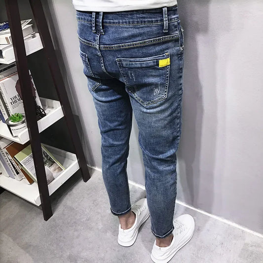 Trendy Men's Slimming Denim Jeans Spring/summer New Korean Style Washing Blue Tapered Pants For Social Youth