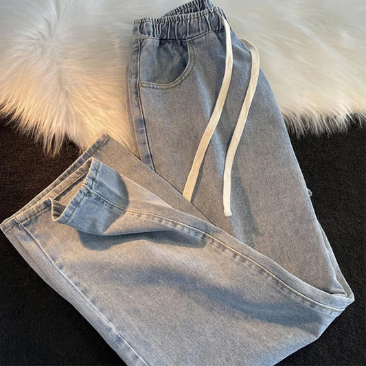 Women's Burrs Drawstring Straight Denim Pants Simple Preppy Style Elastic Waist Jeans Summer Fashion Female Trousers