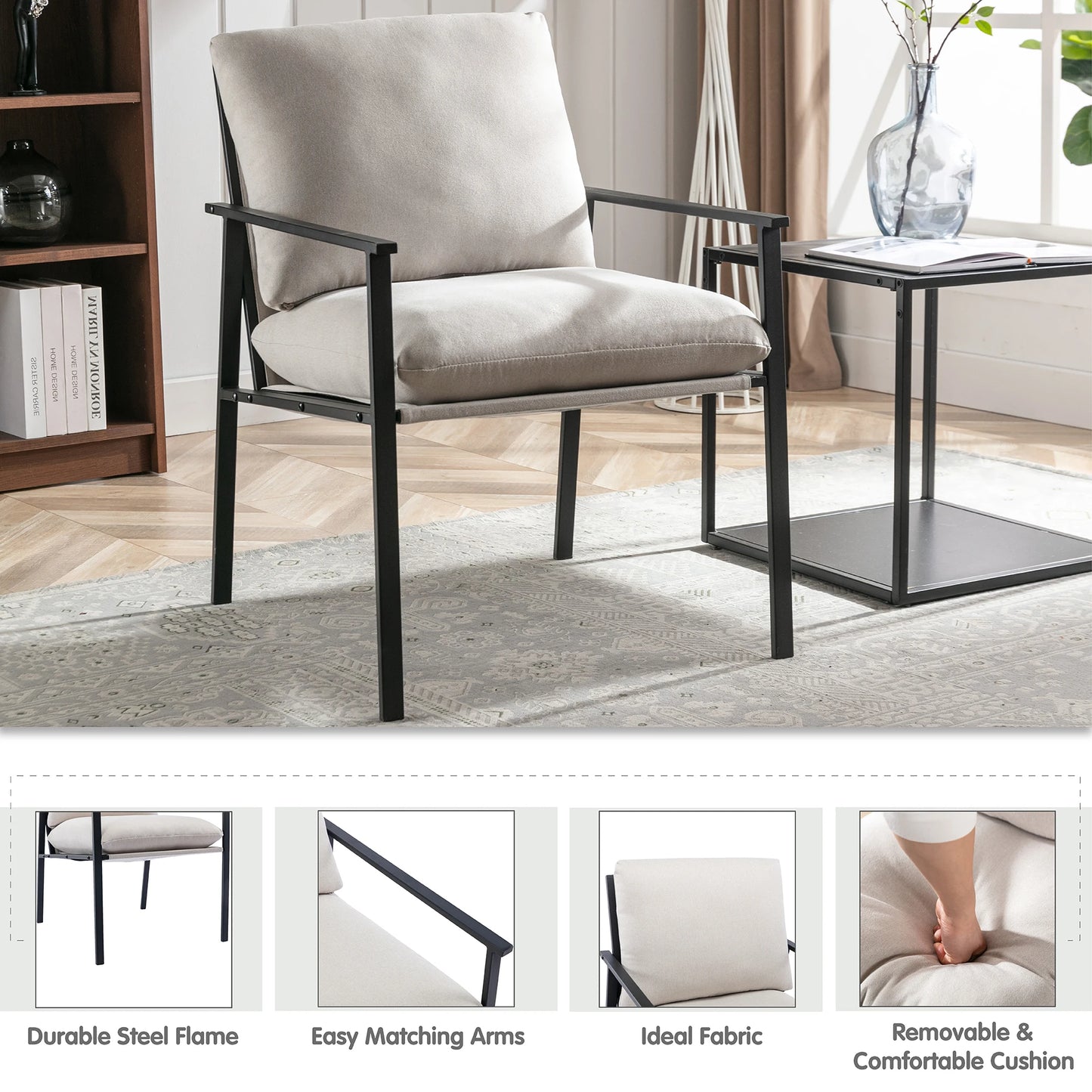 Metal Frame Faux Leather Accent Chair with Thick Padded Backrest and Seat Cushion for Living Room Bedroom Brown/Cream PU[US-W]