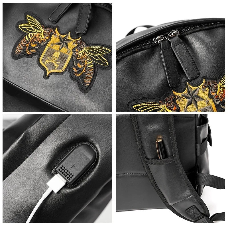 Fashion Embroidery Men's Backpack USB Charging Travel Large Capacity Student School bag Casual Male Laptop Bag
