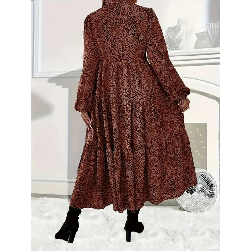 Women's Dress Long Casual Plus Size Leopard Fashion 1XL-5XL Print Tiered Long Dress Ladies Casual Notch Neck Long Sleeve Dress Women's Clothing