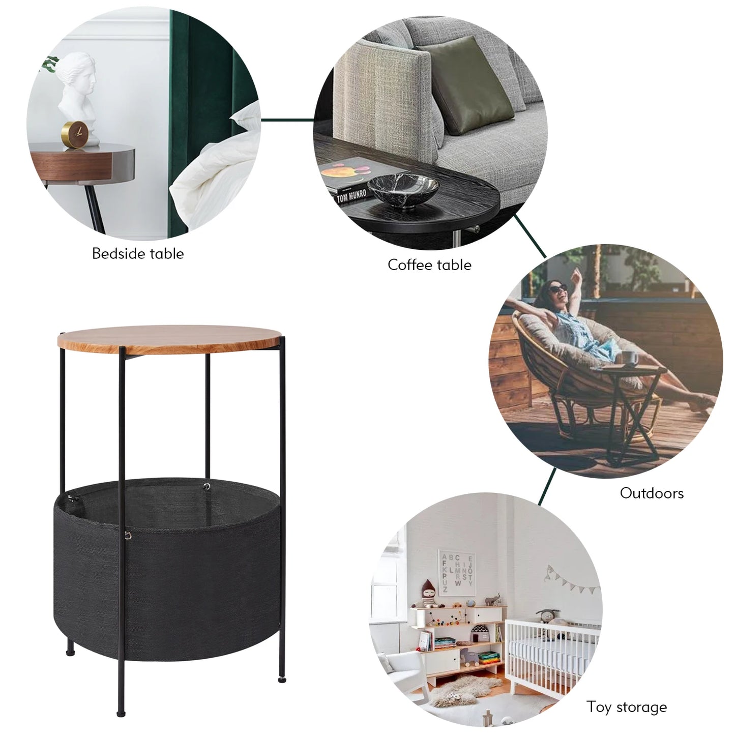 Round Side Table with Fabric Storage Basket Small End Table Nightstand for Living Room Bedroom Home Office[US-Stock]