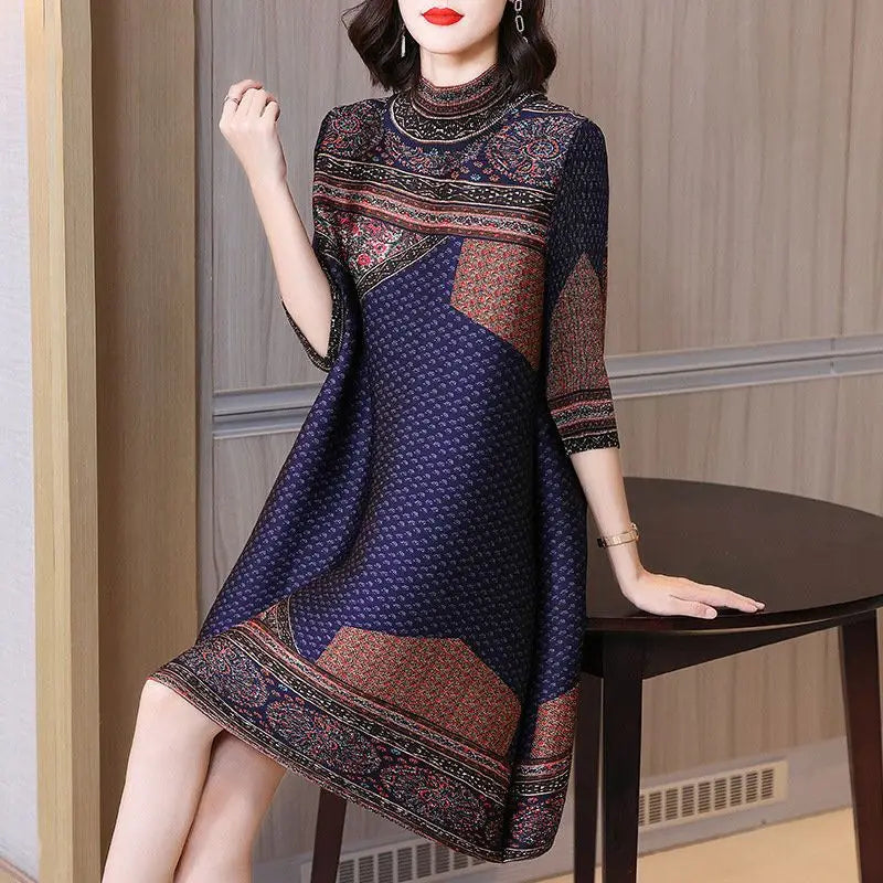 Vintage Printed Spliced Loose Folds Midi Dress Women's Clothing 2023 Autumn Winter Oversized Office Lady Ladies Dresses